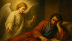 Angel appearing in a dream to a sleeping man, depicted in a warm-toned oil painting inspired by Christian biblical themes.