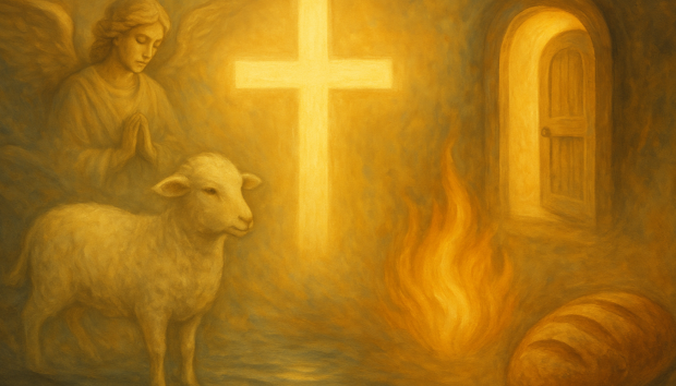 Painting of Christian dream symbols including a glowing cross, an angel, a lamb, fire, bread, and an open door—set in a warm, spiritual atmosphere.